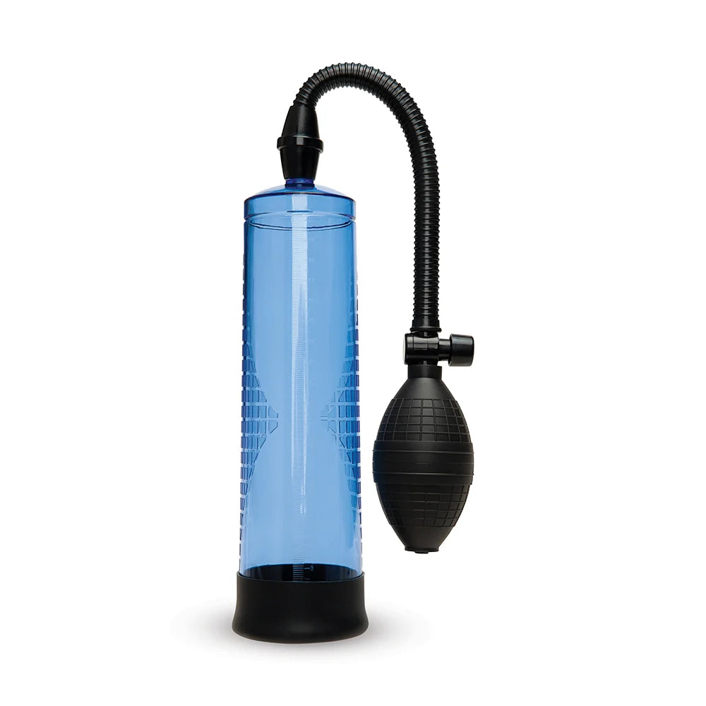 Blue handheld pump with black nozzle on a white background