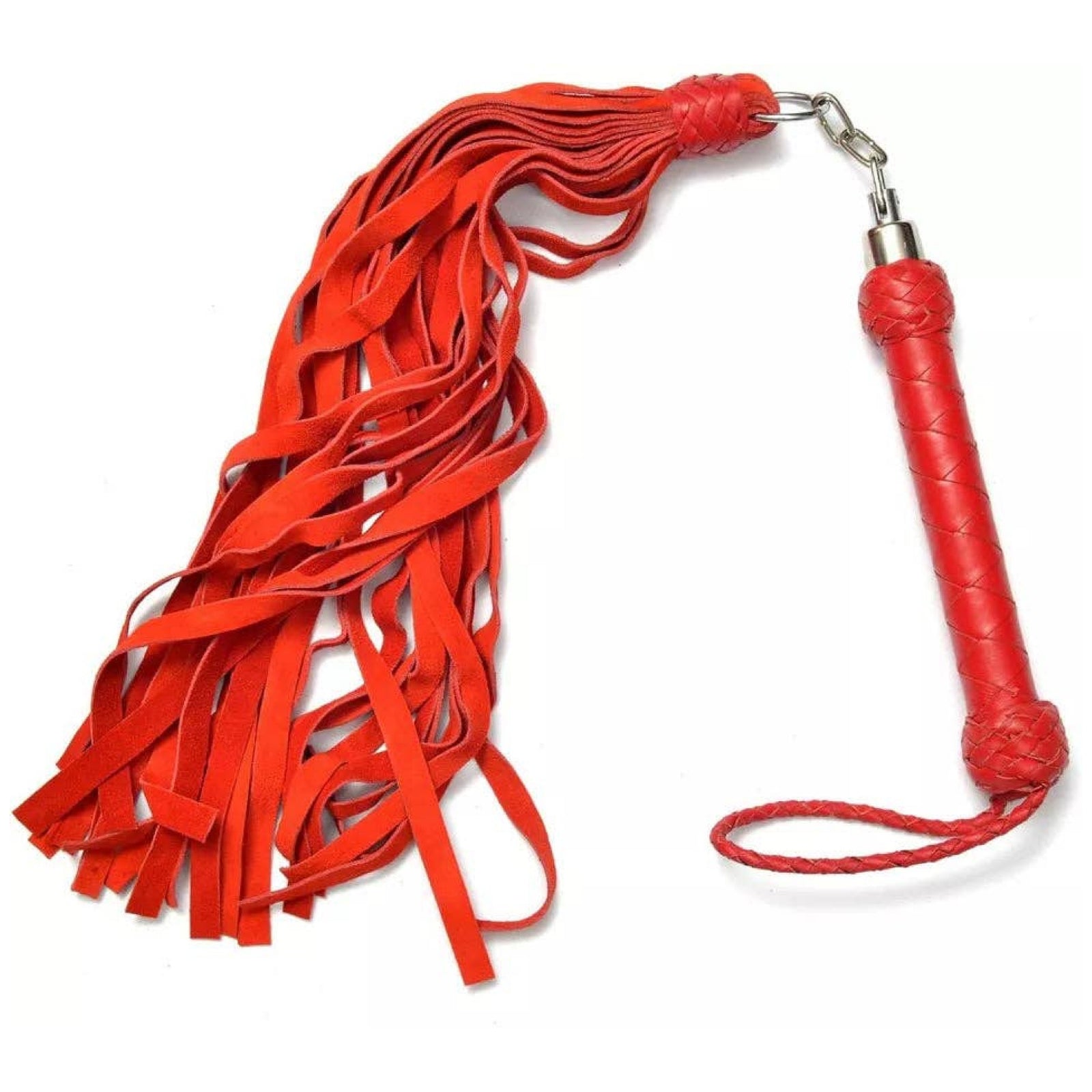 A bright red leather flogger with a long fringed tail and a wrapped handle, shown on a plain white background.