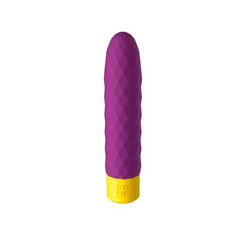 A purple textured silicone personal massager with a yellow base, shown vertically on a plain white background.