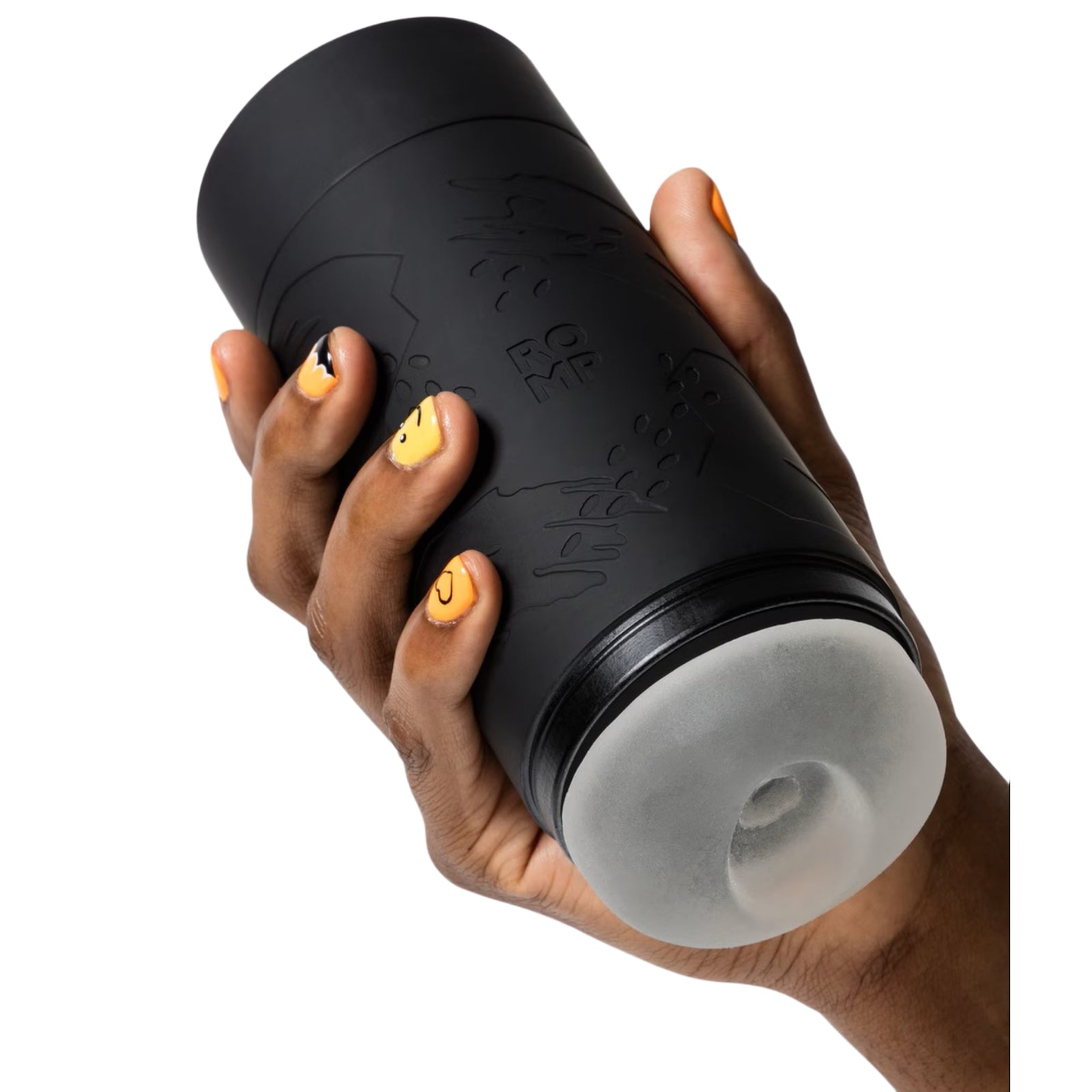 A hand holding a black cylindrical stroker with a translucent inner sleeve, shown against a plain white background.
