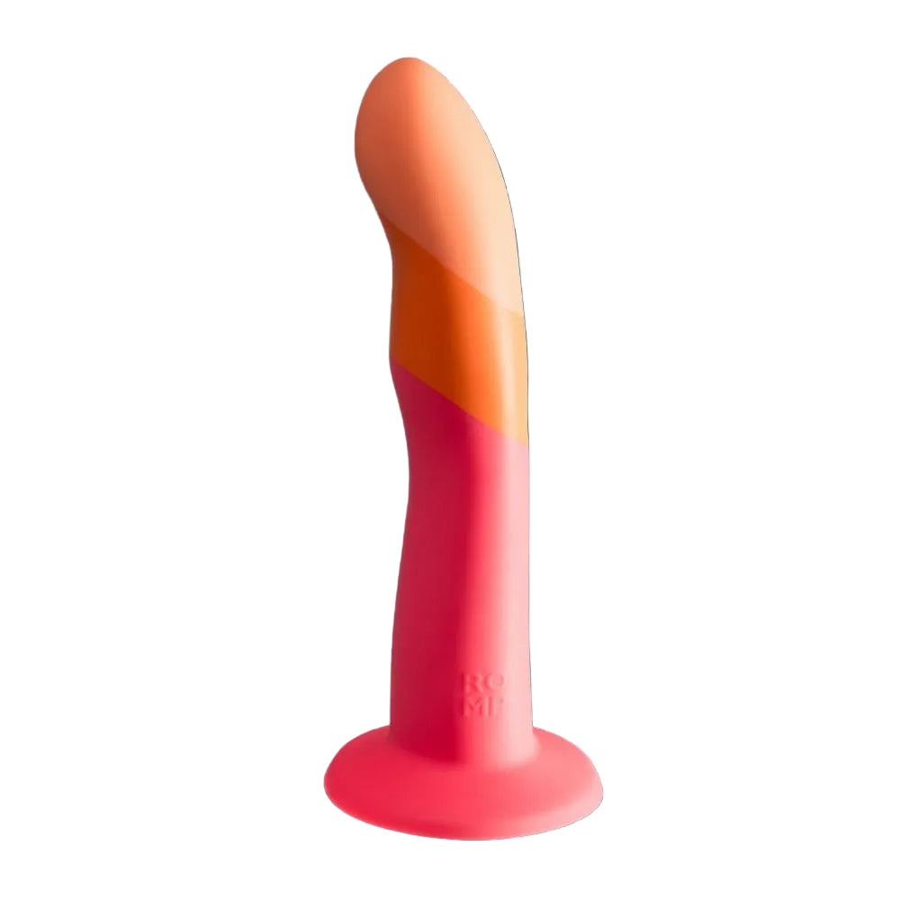 Silicone dildo with orange and pink gradient.