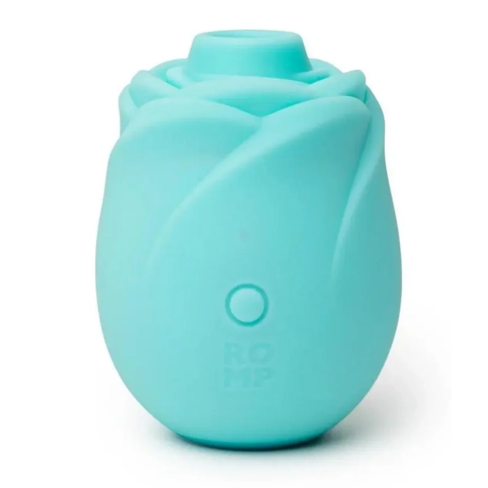 A mint green silicone rose-shaped personal massager with a single button on the front and the brand name 'ROMP' debossed near the base, shown on a clean white background.