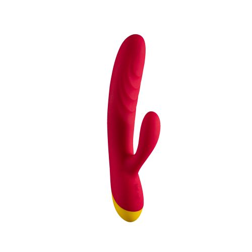 A dual-stimulation personal massager with a curved main shaft and a smaller secondary bulb, shown in a vibrant red color with a yellow accent at the base, isolated on a white background.