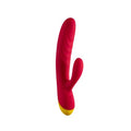 A dual-stimulation personal massager with a curved main shaft and a smaller secondary bulb, shown in a vibrant red color with a yellow accent at the base, isolated on a white background.