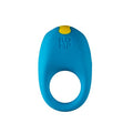 A blue cock ring with an oval-shaped personal massager attached.