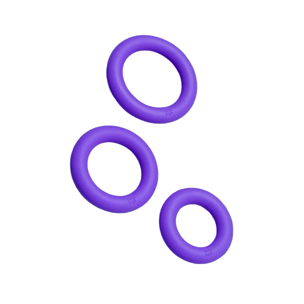 Three purple silicone circular-shaped cock rings.