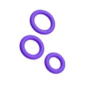 Three purple silicone circular-shaped cock rings.