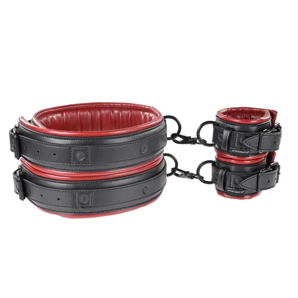 A close up of the cuffs. Two thigh cuffs, two wrist cuffs and short connecting handwear.