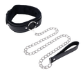 Black faux-leather collar with a larch O-ring at the front and center, riveted down on both sides of the ring.