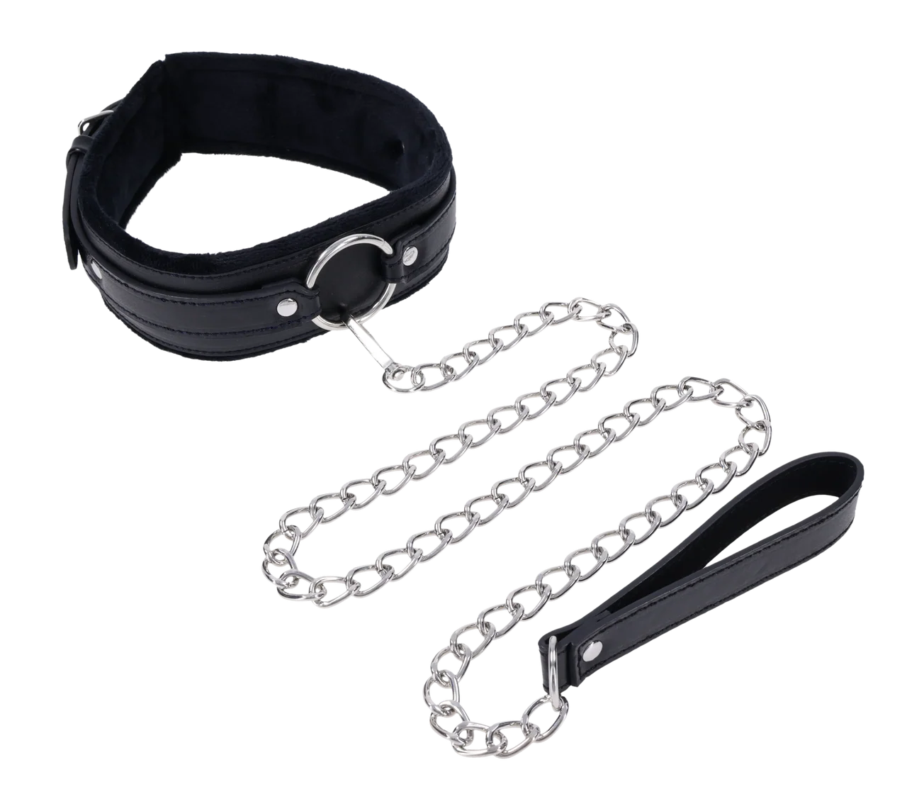 Black faux-leather collar with a larch O-ring at the front and center, riveted down on both sides of the ring.