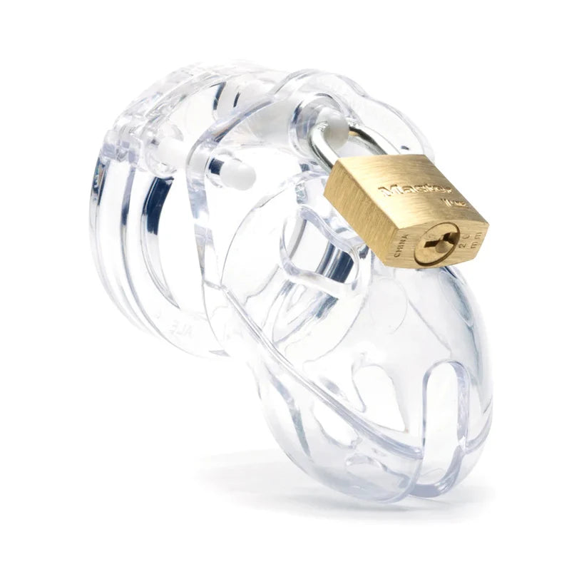 A short, clear cage with a lock at the top of the base.