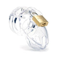 A short, clear cage with a lock at the top of the base.
