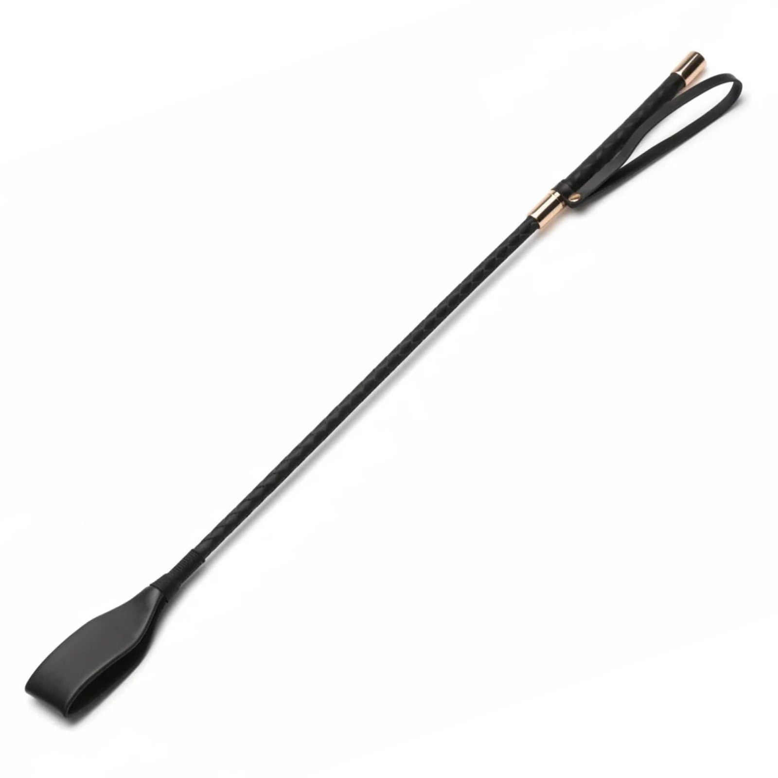 A black riding crop with a textured handle, a black leather loop, and small gold-toned metal accents, shown diagonally on a plain white background.