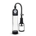 A manual tire penis pump with a clear cylindrical chamber, black top cap featuring a pressure gauge, and a flexible black hosed with a quick release button.