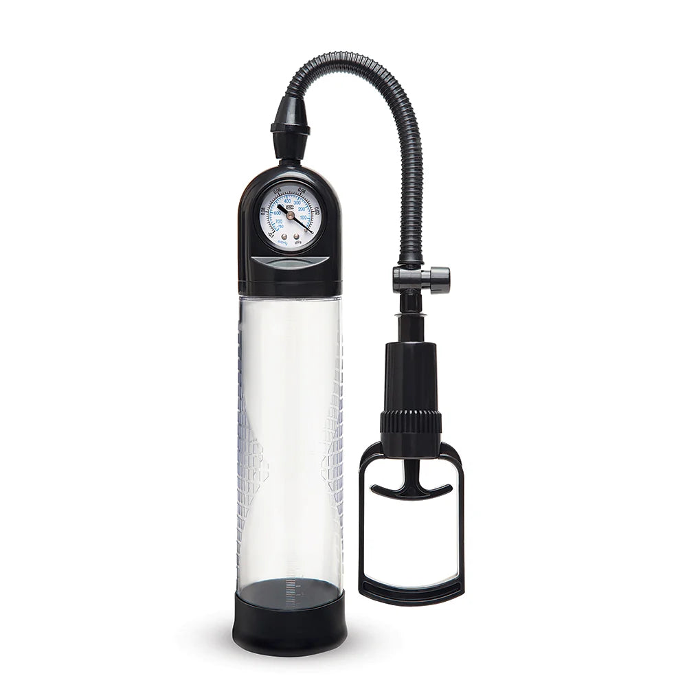 A manual tire penis pump with a clear cylindrical chamber, black top cap featuring a pressure gauge, and a flexible black hosed with a quick release button.