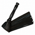 Black leather flogger with a glossy black handle and multiple black leather straps, shown on a plain white background.