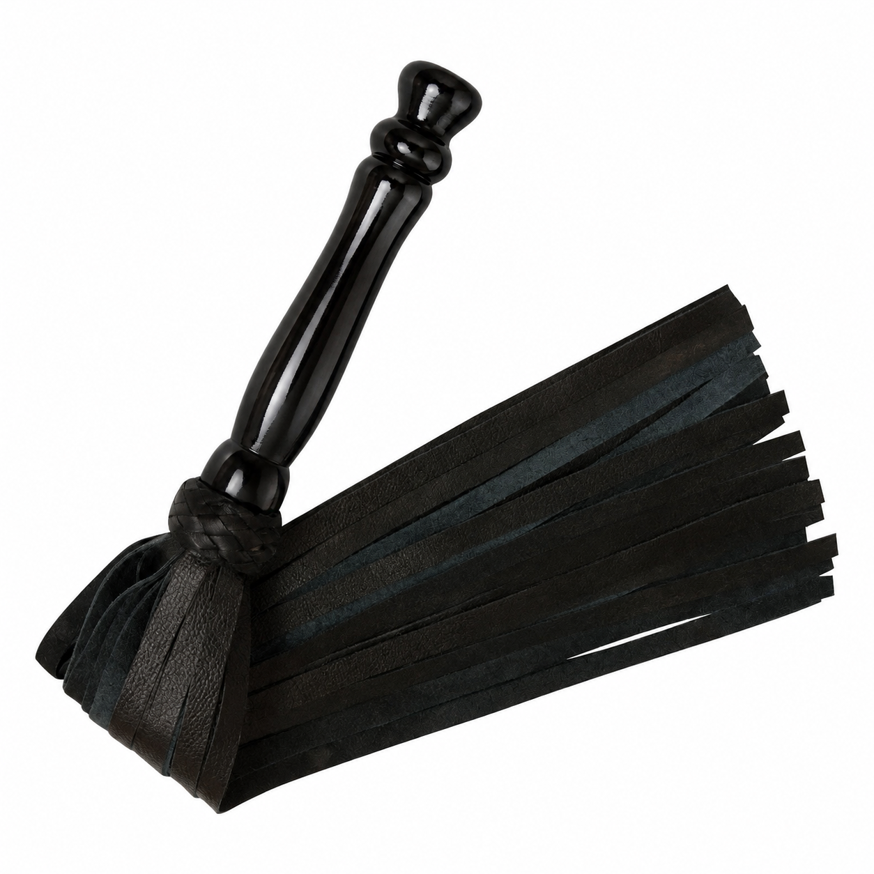 Black leather flogger with a glossy black handle and multiple black leather straps, shown on a plain white background.