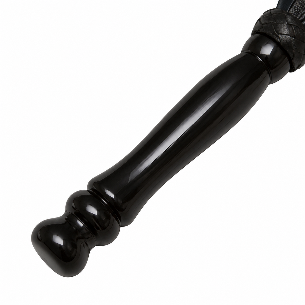 Close-up of a glossy black wooden handle with a textured black grip, shown against a plain white background.