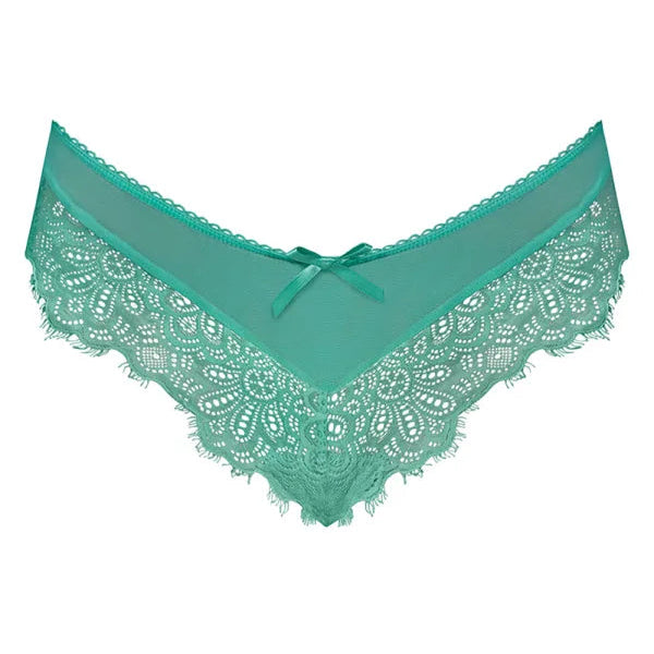 Teal lace underwear on a white background
